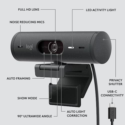 Logitech Brio 505 Full HD 1080p Webcam with auto Light Correction, framing, Dual Noise Reduction mics, Privacy Shutter - Works with Teams, Meet, Zoom, TAA Compliant. 6