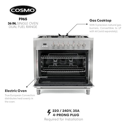 COSMO F965 36 in. Stellar Collection 3.8 cu. ft. Dual Fuel Range, 5 Sealed Burners, 8 Function Convection Oven in Stainless Steel 6