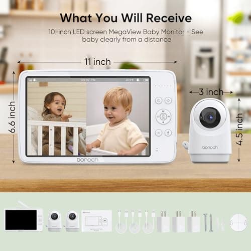 bonoch MegaView Baby Monitor, 10" Video Monitor with 2 Cameras, 10000mAh Battery, Quad Split Screen Baby Monitor with Camera and Audio, VOX Mode, Auto Night Vision, Remote PTZ, Hack Proof 6