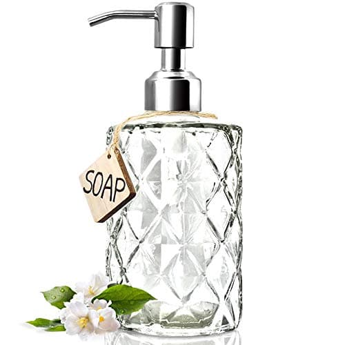 JASAI Diamond Design 12 Oz Glass Soap Dispenser, Kitchen soap Dispenser with 304 Rust Proof Stainless Steel Pump, Bathroom Soap Dispenser for Hand Soap, Soap, Lotion(Clear).