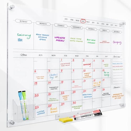 Acrylic Calendar for Wall - 24x18” Wall Calendar, Dry Erase Calender, Clear Calendar for Wall, Includes Magnetic Pen, Tray Holders, 4 Markers and 1 Eraser