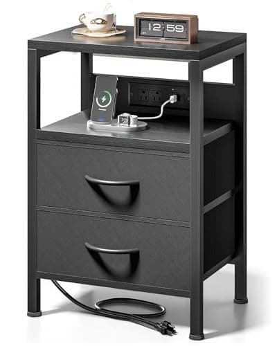 Lazzanto NightStand Bedside Charging Table Bedroom - Night Stand with Charger Station, Modern Nightstand with Open Shelf & 2 Fabric Drawers, Bed Side Table with USB-C Port for Dorm, Black