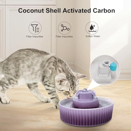 VinDox 2.1L Ceramic Cat Water Fountain-for Cats and Dogs, 360 Ceramic Pet Fountain-70 Oz Large Water Capacity - Whisper-Quiet Water Flow-Great for Shy or Timid Pets - Fresh, Filtered Water(Purple) 4