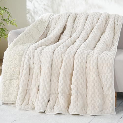 Drewin Weighted Blanket for Adults Queen Size 15lbs, Soft Cozy Turtleback Sherpa Weighted Blankets for Sleeping and Calming, Thick Bed Blanket for Couch Bed, 60 x 80 inches, Cream White
