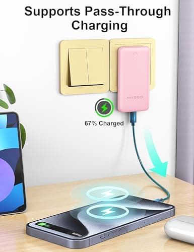 miisso Ultra Slim 10000mAh Power Bank Built-in Cables and Foldable AC Wall Plug, Pocket Size USB C Portable Charger, External Battery Pack Compatible with iPhone Samsung, Pink 6