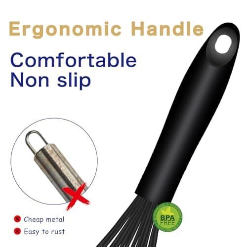 OYV Dishwasher Safe Silicone Whisk, Sealed Waterproof Design Set of 3, Professional Kitchen Whisks for Cooking Non-Scratch, Silicone & Stainless Steel Whisk, Heat Resistant Balloon Egg Beater, Black 5