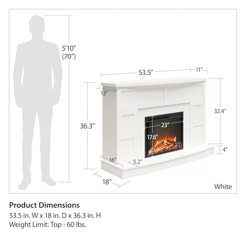 Ameriwood Home Barrow Creek 53.5 Inch Electric Fireplace with Mantel, Replaceable Fireplace Insert Heater, Remote Control, Timer, Realistic Log and Flame Effect, for Living Room or Bedroom, White 6