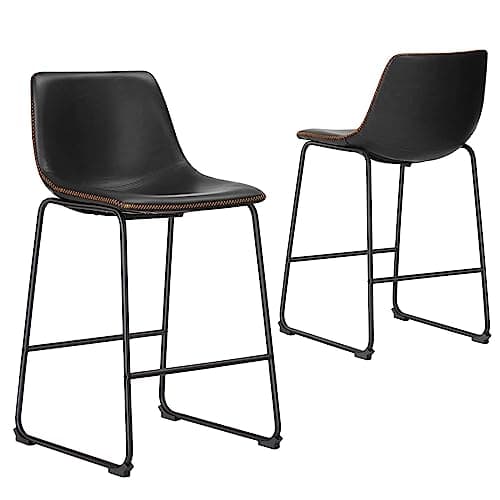 Sweetcrispy Counter Height Bar Stools Set of 2, 26 inch Height Stool Faux Leather Barstools with Back, Armless Kitchen Island Countertop Comfortable Modern Chairs with Metal Legs - Black
