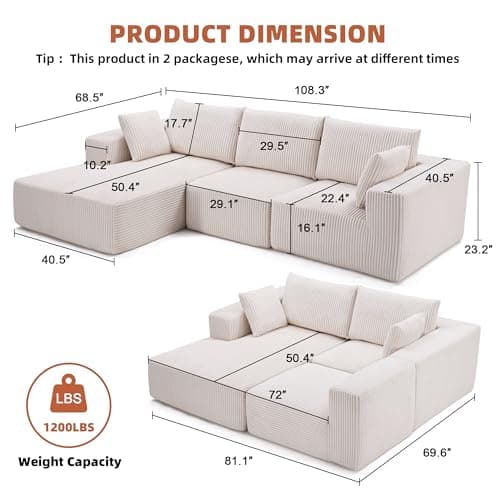 108” Modular Sectional Sofa, Cloud Sectional Couch with Deep Seat, Modern Modular L-Shape Sofa Couch with Chaise,Upholstered Boneless Couches for Living Room Bedroom (Beige, Left Facing Chaise) 5