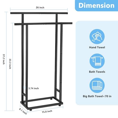 Standing Towel Racks for Bathroom, 2 Tier Bathroom Floor Free Standing Towel Rack, Tall Enough Pool Bath Drying and Dispaly Outdoor Stand for Storage, Black Freestanding Blanket Holder, ALHAKIN 7