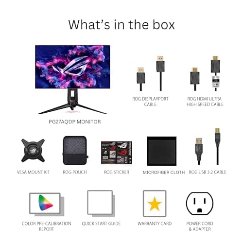 ASUS ROG Swift OLED 27” 1440P Gaming Monitor (PG27AQDP) - WOLED, QHD, 480Hz, 0.03ms, G-SYNC Compatible, Custom Heatsink, AI Assistant, DisplayHDR400 True Black, 99% DCI-P3, True 10-bit, DisplayWidget 7