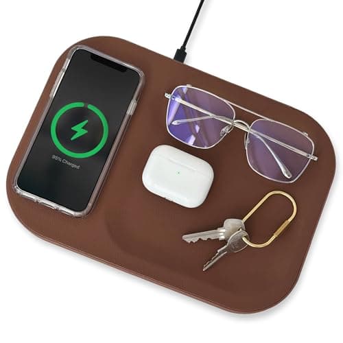 Behaus Charge All Multi-Device Wireless Charger Tray, Vegan Leather, Charging Tray, Compatible with iPhone 15, 14, 13, 12, 11, X, SE, Galaxy S21, S20, Note, AirPods/Pro (Sable)