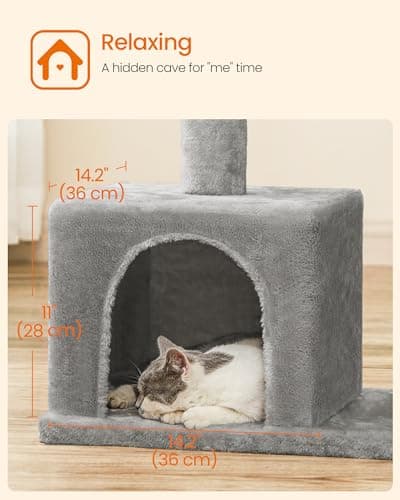 Feandrea Cat Tree, 33.1-Inch Cat Tower, Plush Condo for Large Cats up to 16 lb, Large Perch, 2 Caves, Scratching Post, Light Gray UPCT61W 7