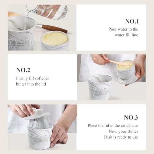 MSJGA Butter Crock for Counter with Water, French Butter Keeper for Spreadable Butter Marble Ceramic Butter Dish with Lid for Countertop, Butter Container Holder 5