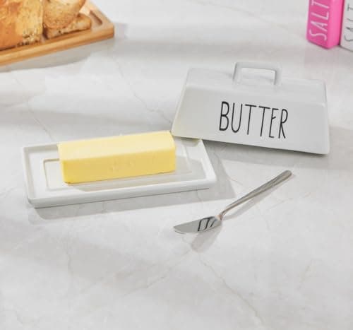 VICUKIE Butter Dish With Lid For Countertop, Butter Dish With Butter Knife, Butter Crock, Butter Keeper, Butter Container, Pure White Kitchen Decor, Kitchen Accessory (WHITE), 19.3*9.7CM 6
