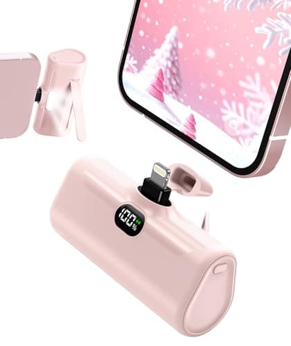 Pink Small Portable Charger for Lightning Builtin Metal Stand Lightweight Power Bank 5000mah With Digital Display Mini External Battery Pack for iPhone 14/13/13pro/13pro max/12/11/XR/6/6s/iPad/SE