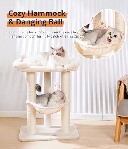 Happi N Pets 28" Cat Tree Tower, Tall Cat Scratching Post with Soft Perch for Window Viewing, Large Bed for Big Cats, Stable & Compact Cat Tower with Hammock, Removable Cover-Beige 6