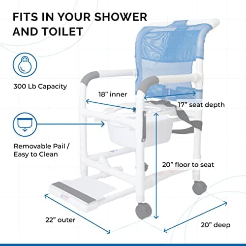 Rolling Shower Chair with Wheels & Drop Arms, Mesh Seat, 4 Locking Casters, Seat Belt, Sliding Footrest, Commode Pail – Fits Over Toilet, 300 lb Capacity – Institutional Grade | RL-1 6