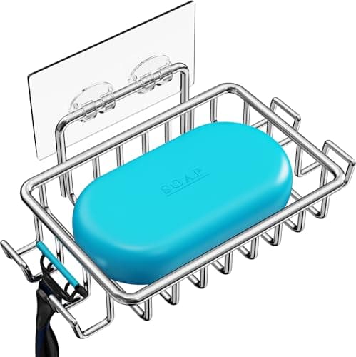 Nieifi Bar Soap Holder for Shower Wall with 4 Hooks, Stainless Steel Adhesive Soap Dish for Bathroom, Silver