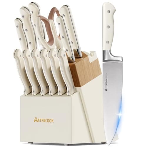 Knife Set,Astercook Kitchen Knife Set with Block 14-Piece Full Tang Stainless Steel Knives with Sharpener Dishwasher Safe and Anti-Slip Ergonomic Handle Elegant Cream White Utensils Set