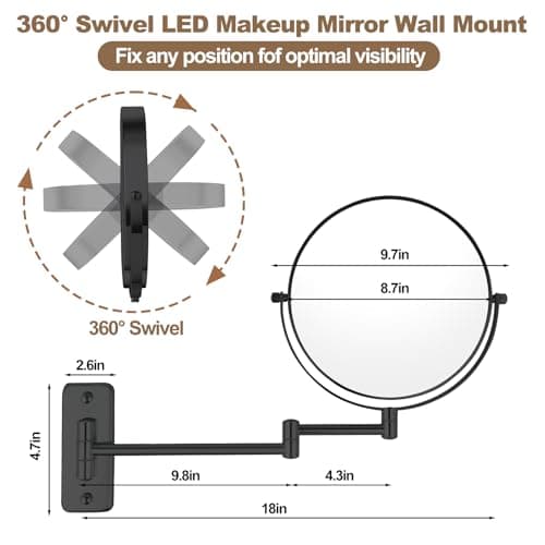 8” Wall Mounted Makeup Mirror with10X Magnification, Double Sided Shaving Mirror Wall Mount for Bathroom, 360° Swivel Extendable Vanity Mirror with Adjustable Arm for Daily Use, Matte Black（No Light） 5