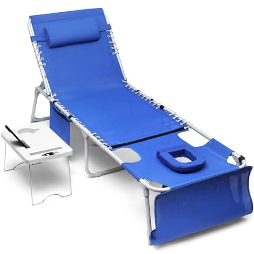 Yestomo 3-in-1 Sun Tanning Chair with Face Holes, Breathable Chaise Lounge Chair Outdoor, 5-Position Recliner, Lay Flat, Folding Side Table, Removable Pillow, Max 330lbs, Beach, Patio, Camping, Blue