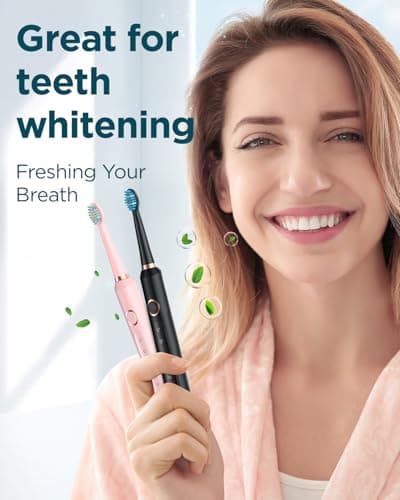 Rtauys 2 Pack Electric Toothbrush for Adults - 2 Rechargeable Electric Toothbrushes with 12 Brush Heads & 2 Travel Case, Power Electric Toothbrush with Holder, 3 Hrs Charge for 120 Days - Black+Pink 2