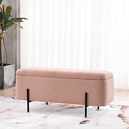 MCombo Storage Ottoman Bench, Teddy Fabric Upholstered Footstool with Storage Space, Bed End Bench for Bedroom, Living Room, Entryway W709 (Pink) 5