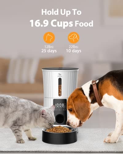 Petory Timed Automatic Cat Feeders - 4L Programable Dry Food Dispenser for Cats and Small Medium Dogs 6 Meals with Desiccant Bag Dual Power Supply 10S Voice Recorder 5