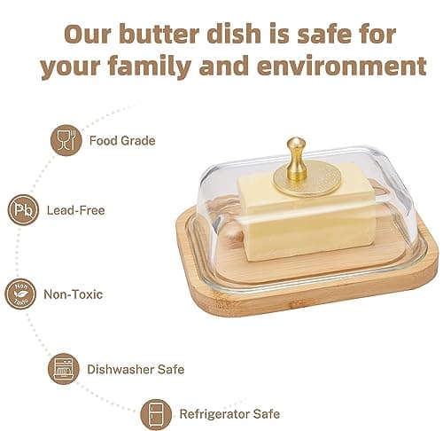 BTWD Glass Butter Dish with Lid for Countertop and Refrigerator, Extra Large Butter Keeper Container Storage with Handle for Fridge, Butter Holder for Counter, Butter Tray Clear Covered Butter Dishes 8