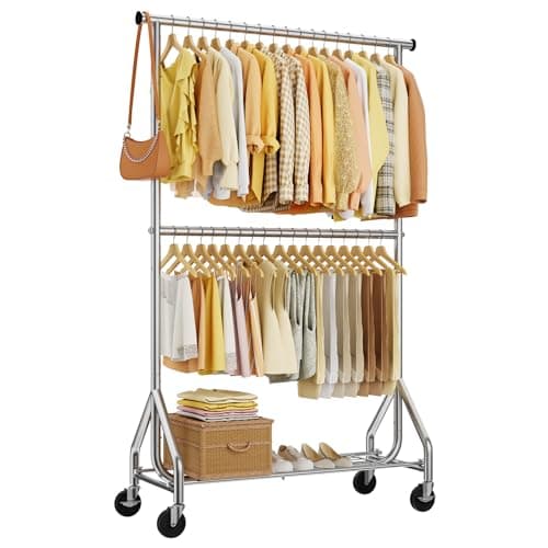 HYSEYY Heavy Duty Clothes Rack, Double Rod Clothing Rack for Hanging Clothes, Rolling Garment Rack, Adjustable Freestanding Wardrobe Closet Coat Rack for Bedroom Laundry Living Room, Silver