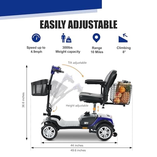 Metro Electric Mobility Scooters for Adults and Seniors - 300 lbs Max Weight, 4-Wheel Powered Mobility Scooters,Folding Mobility Scooter Lightweight for Travel, Elderly (with Head Light-Blue) 6