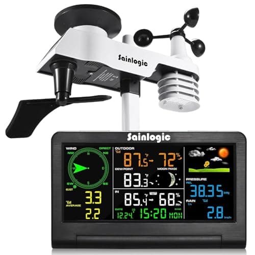 Sainlogic Weather Station Wireless Indoor Outdoor Sensor,Rain Gauge,Wind Gauge,Temperature,Humidity,Air Pressure,Forecast,Moon Phase,Alarm Clock(No WiFi)
