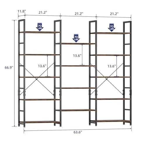 NUMENN Triple Wide 5 Tier Bookshelf, Rustic Industrial Style Bookcases with 14 Open Display Shelves, Modern Tall Bookcase Furniture for Bedroom, Living Room and Home Office, Vintage 3