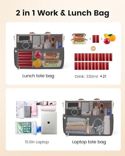 LOVEVOOK Lunch Bag, Tote Bag for Women with Insulated Lunch Compartment, Laptop Bag with Large Capacity & Cup Holder, Work Tote for Teacher, Nurse, Travel, College, Daily, Black-Beige-Brown, 15.6 Inch 6