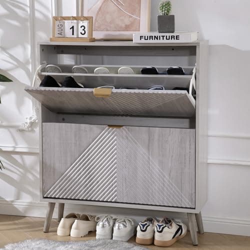 oakvivo Shoe Cabinet with 2 Flip Drawers, Freestanding Shoe Organizer with 4 Wooden feet, Modern Shoes Storage Cabinet for Entryway, Hidden Narrow Shoe Rack Cabinet for Foyer, Hallway, Mudroom, Grey