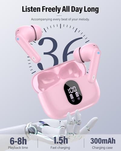 Btootos Wireless Earbuds, Bluetooth 5.4 Headphones Bass Stereo, Ear Buds with Noise Cancelling Mic, IP7 Waterproof in Ear Earphones, 36H LED Display Bluetooth Earbuds for Laptop Pad Phones, Deep Pink 5