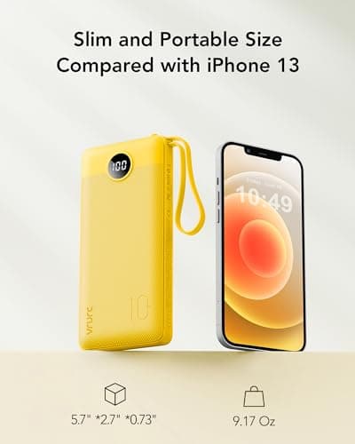 VRURC Portable Charger with Built-in Cables, 10000mAh LED Display USB C Power Bank, Slim Travel Battery Pack with 5 Output 2 Input Compatible with iPhone 17 16 15 13,Samsung,Android etc-Yellow(1 Pack) 5