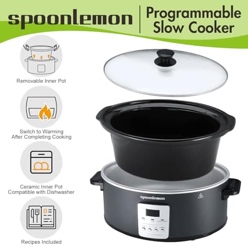 spoonlemon 7 QT Slow Cooker, 280W Electric Crock Cooker with Digital 20H Timer & 3-Level Heat Settings, Oval Ceramic Inner Pot for Family Dinners, programmable slow cooker black 7