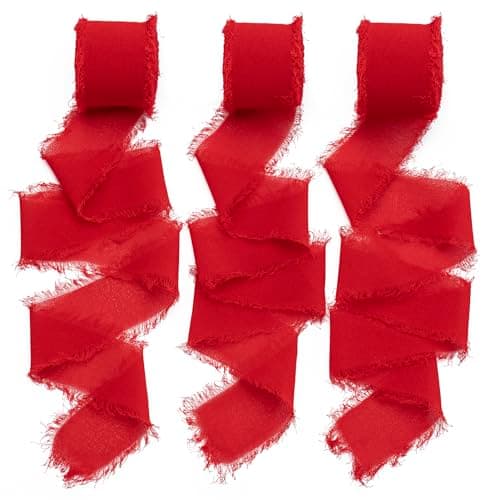 Chiffon Ribbon, 3 Rolls 21 Yards Red Handmade Fringe Chiffon Silk Ribbon 1.5" x 7Yd Ribbons Set for Wedding Invitations,Christmas, Bridal Bouquets, Gifts Wrapping, DIY Crafts