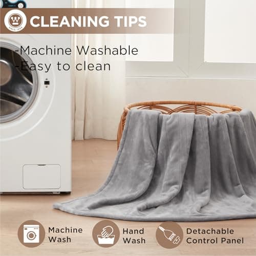 Westinghouse Heated Blanket Throw, Electric Throw with 6 Heating Levels, 2-10 Hours Time Settings, Overheat Protection, Machine Washable, Flannel (Throw, 50x60 Inches, Light Grey) 6