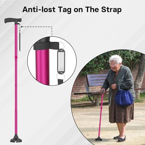 BONTEC Walking Cane - Height Adjustable Free Standing Foldable Canes, Aluminum Alloy Walking Stick with 360° Pivoting Base, Lightweight, Anti-Lost Tag, Canes for Women Men Seniors & Mountaineers, Pink 5