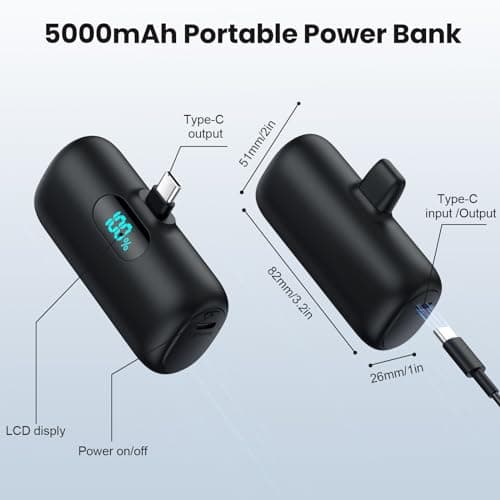 Mini Portable Charger USB C Power Bank,Upgraded 5000mAh PD Fast Charging Battery Pack Built-in USB-C Connector Travel Essential for iPhone17/17Pro/17Pro Max/Air/16 Plus/16Pro Max/15 Series,Android 5