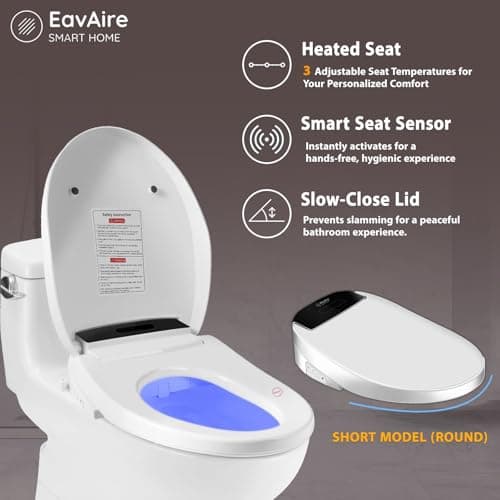 EavAire Electric Smart Toilet Seat Bidet with Slow Close Lid Cover, Instant Heated Seat, LCD, Adjustable Water Pressure & Temperature, Dual Positions, Self-Cleaning Nozzle, Night Light- Round 5