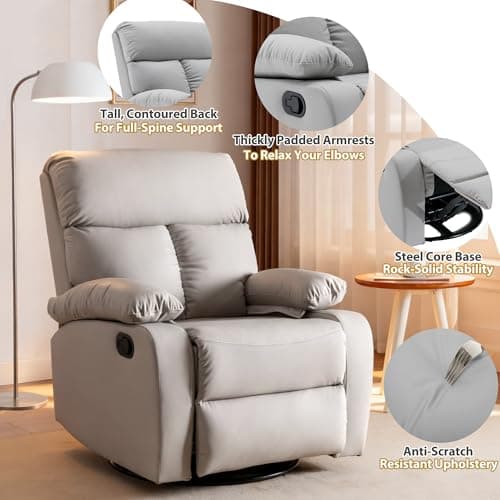 hzlagm Swivel Rocker Recliner, Rocking Chair Nursery, Small Rocker Recliners for Small Spaces, Living Room, Bedroom, Nursery, RV, Light Grey 6