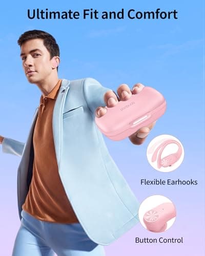 PocBuds Bluetooth Headphones Wireless Earbuds 80hrs Playtime Wireless Charging Case Digital Display Sports Ear Buds with Earhook Deep Bass IPX7 Waterproof Over-Ear Earphones for TV Phone Laptop Pink 6