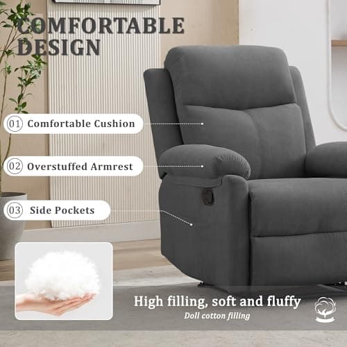Korser Recliner Chair, Manual Recliner for Adults with Side Pocket, Small Recliners for Small Spaces, Adjustable Comfy Overstuffed Corduroy Reclining Chairs for Living Room, Reading, Bedroom, Grey 5