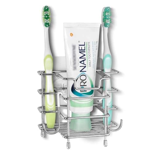 Linkidea Wall Mount Toothbrush Holder for Shower, Stainless Steel Toothpaste Stand, Self Adhesive/Countertop 3 Slots Organizer Compatible with Colgate Extra Clean, Oral-B CrossAction