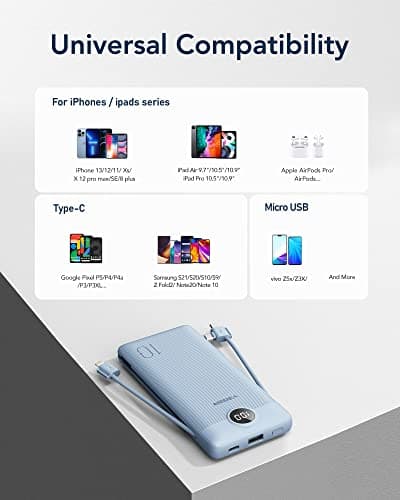 VEGER Portable Charger with Built-in AC Plug and Cables, All in One 10000mAh Ultra Slim Power Bank Travel Essentials, Fast Charging Battery Pack Compatible with iPhone, Samsung, Android (Blue) 6