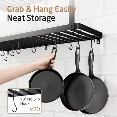 KES 150 lb High-Capacity Pot Rack Wall Mounted with Pot Lid Holder, 34 Inch Heavy-Duty Pots and Pans Hanging Rack with 20 Hooks, Drilling Template Provided for Easy Install, Matte Black, KUR528S88-BK 7
